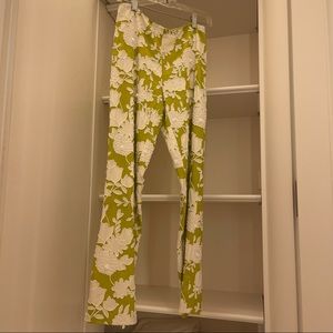 Michael Kors Green and White Floral Hand-Beaded Flare Pants
